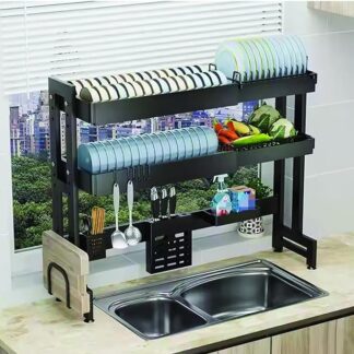 Adjustable Dish Drying Rack for Kitchen  2 Layer Carbon Steel (Black)