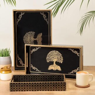 Wooden Serving Black Tray with Gold Engraving